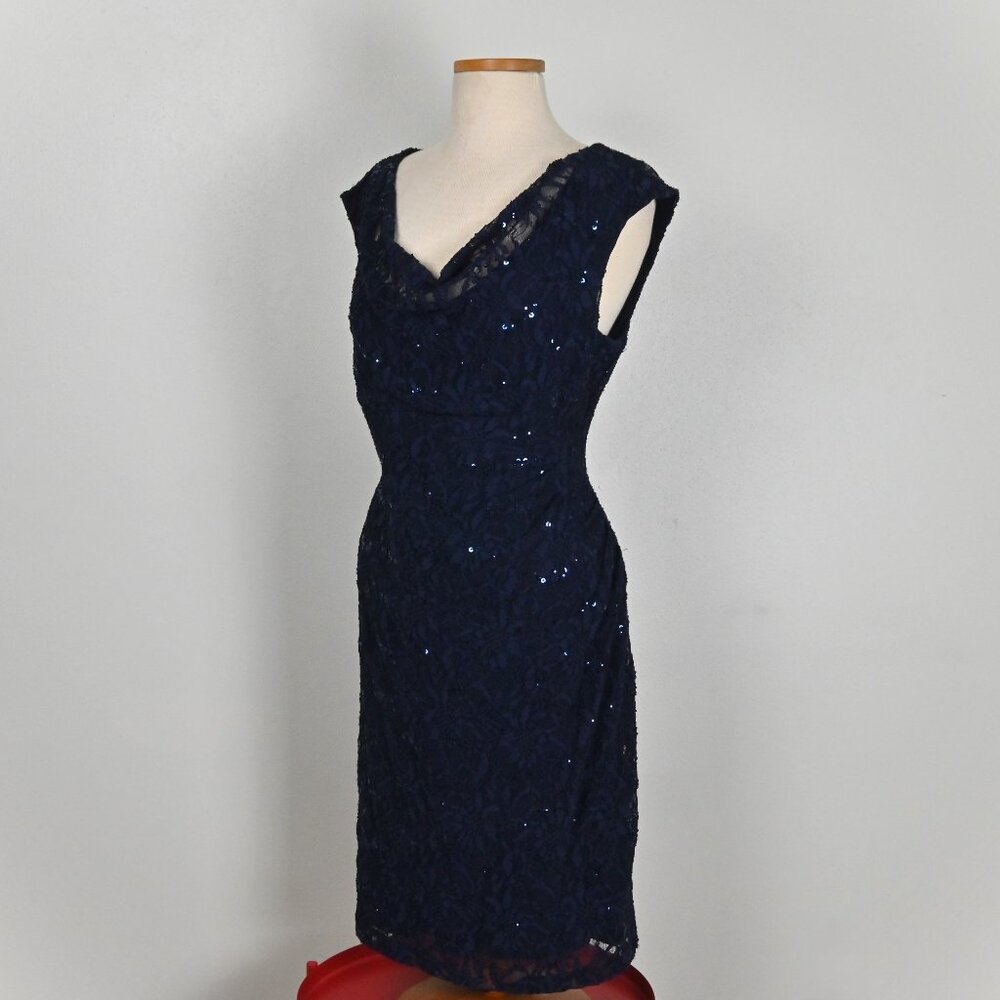 Ralph Lauren Formal Lace Sequin Sparkle Cowl Neck Stretch Navy Sheath Dress 14